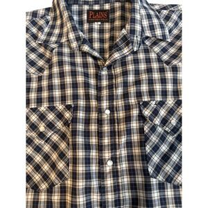 PLAINS Mountain Plaid Western Shirt Mens Short‎ Sleeve Snap Button Pearl Snap